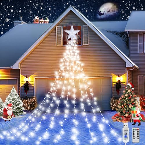 JIMACRO Weihnachtsbaum Außenlichter, 9Pcs*2M Christbaumbeleuchtung mit Sterne, 8 Modi 198 LEDs Wasserdicht USB LED Weihnachtsbaum Lichterkette mit Fernbedienung Außen für Rasen, Garten, Party, Fest von JIMACRO