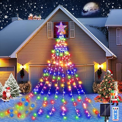 JIMACRO Weihnachtsbaum Außenlichter, 9Pcs*2M Solar Christbaumbeleuchtung mit Sterne, 8 Modi 198 LEDs Wasserdicht LED Weihnachtsbaum Lichterkette mit Fernbedienung Außen für Rasen, Garten, Party, Fest von JIMACRO