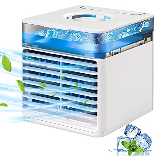 Mini Air Cooler, JIMACRO Mobile Klimageräte Tragbare Luftkühler, 4 in 1 Luftbefeuchter Luftreiniger und Ventilator, Klimaanlage mit Wassertank und 7 Led-Leuchten für Zuhause im Freien von JIMACRO