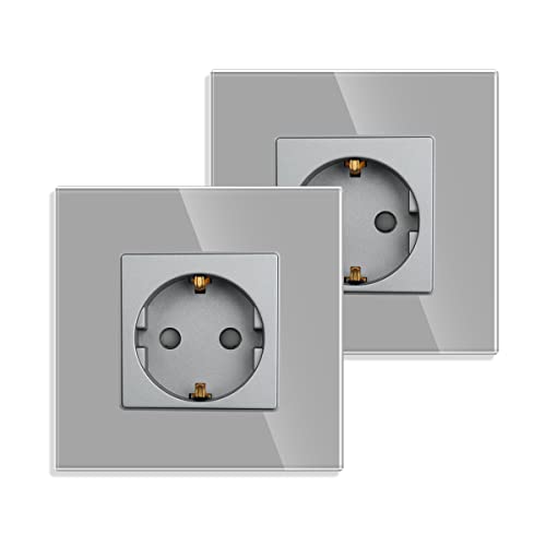 2er-Pack JIMEIDA Einzelsteckdose in Grau, 16Amp Glas Schuko Steckdosen Unterputz Schutzkontakt Wandsteckdose-86mm, 250V, 1 Fach von JIMEIDA