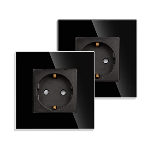 2er-Pack JIMEIDA Einzelsteckdose in Schwarz, 16Amp Glas Schuko Steckdosen Unterputz Schutzkontakt Wandsteckdose-86mm, 250V, 1 Fach von JIMEIDA
