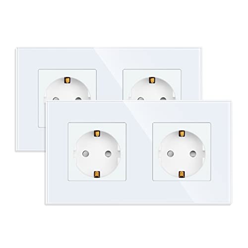 JIMEIDA 2 Pack Doppelsteckdose in Weiß, 16Amp Glas Schuko Steckdosen Unterputz Schutzkontakt Wandsteckdose- 157 * 86mm, 250V, 2 Fach von JIMEIDA