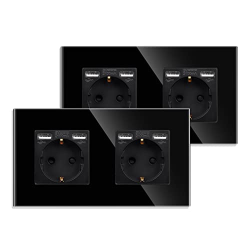 JIMEIDA 2 Pack Doppelsteckdose mit USB in Schwarz, 16Amp Glas Schuko Steckdosen mit Schnelles Laden USB Anschluss Max.2.1A,157 * 86mm, 250V, 2 Fach von JIMEIDA