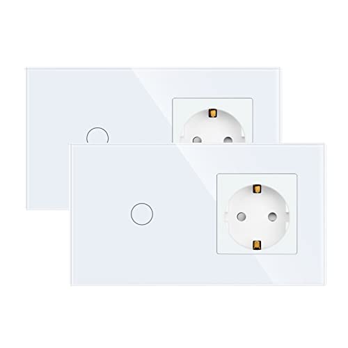 JIMEIDA 2 Pack Steckdose mit Lichtschalter Weiß, Glas Touch Lichtschalter mit Schuko Steckdose Unterputz, 1-Fach 1-Poliger Wandschalter mit Status-LED, 500 W/Fach von JIMEIDA