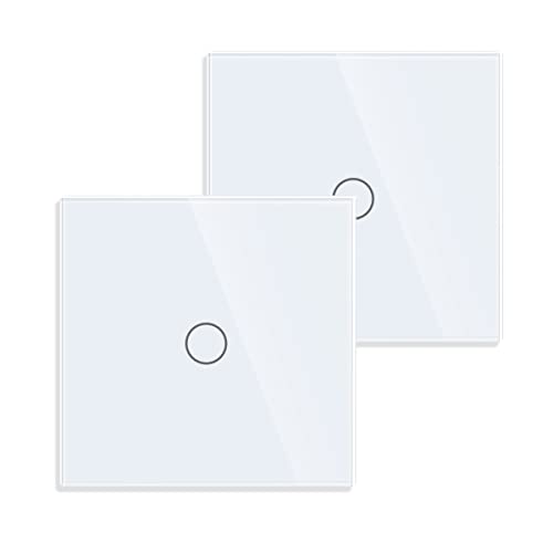 JIMEIDA 2 Pack Touch Lichtschalter in weiß, Einbauschalter mit Glas Panel und Status-LED, Kein Neutralleiter Erforderlich, 1-Fach 1-Poliger Wandschalter, AC 240 V, 500 W/Fach von JIMEIDA