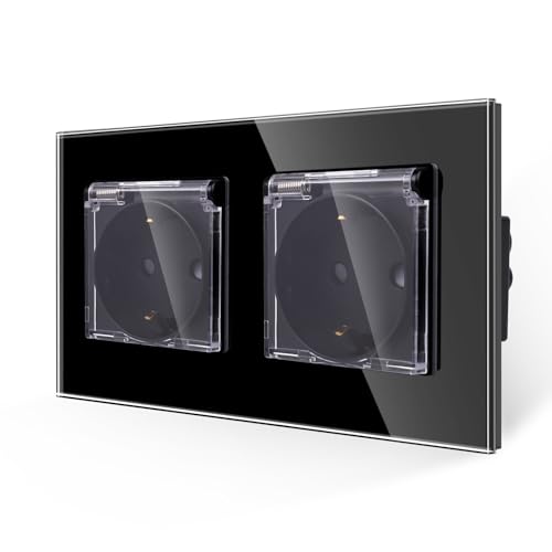 JIMEIDA 2-Steckdose Schwarz 16Amp Glas Steckdose mit Wasserdichtem Deckel 157 * 86mm,250V,2 Fach von JIMEIDA