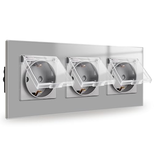 JIMEIDA 3-Steckdose Glas Unterputz Grau 16Amp Steckdosen mit Wasserdichtem Deckel 228 * 86mm,250V von JIMEIDA
