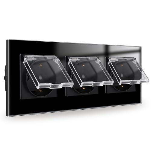 JIMEIDA 3-Steckdose Glas Unterputz Schwarz 16Amp Steckdosen mit Wasserdichtem Deckel 228 * 86mm,250V von JIMEIDA