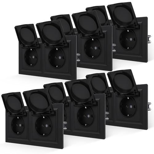 JIMEIDA 6 PCS Doppelsteckdose Schwarz Matt mit Deckel Glattes Hautgefühl mit Steckklemme 16Amp Schuko Steckdose Wandsteckdose 155 * 84mm,250V(Kann nicht vertikal installiert werden) von JIMEIDA