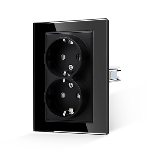JIMEIDA Doppelsteckdose Glas Schwarz Mit Haken 1 Fach 16 Amp Standard Schuko Steckdose Gehärteter Glasscheibe Schutzkontakt Wandsteckdose von JIMEIDA