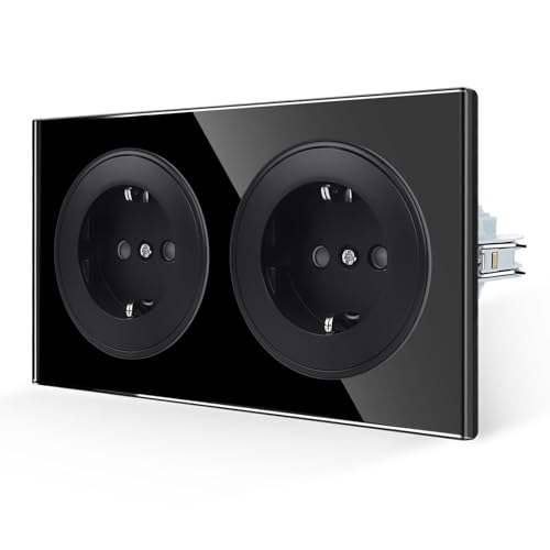 JIMEIDA Doppelsteckdose Glas Schwarz Mit Haken 16 Amp Schuko Steckdose Gehärteter Glasscheibe Schutzkontakt Wandsteckdose 157 * 86mm 250V von JIMEIDA