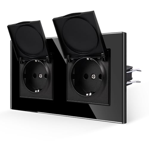 JIMEIDA Doppelsteckdose Glas Schwarz Mit Wasserdichter Abdeckung Mit Haken 16 Amp Steckdose Gehärteter Glasscheibe Wandsteckdose 157 * 86mm von JIMEIDA