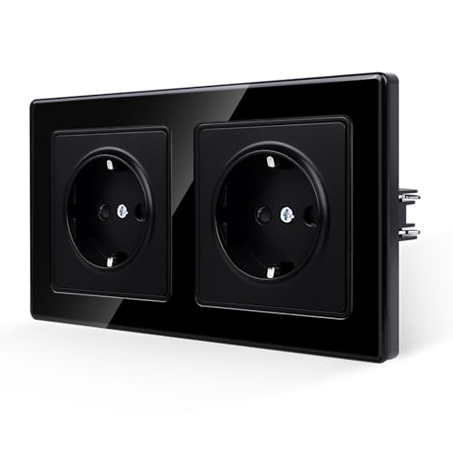 JIMEIDA Doppelsteckdose Glas Schwarz Unterputz 2 Fach 16Amp Schuko Steckdose Wandsteckdose 155 * 84mm,250V（Kann nicht vertikal installiert werden） von JIMEIDA