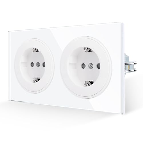 JIMEIDA Doppelsteckdose Glas Weiß Mit Haken 16 Amp Schuko Steckdose Gehärteter Glasscheibe Schutzkontakt Wandsteckdose 157 * 86mm 250V von JIMEIDA