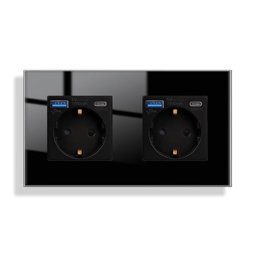 JIMEIDA Doppelsteckdose Glas mit USB 20W Schnelles Laden in Schwarz Unterputz,2 Fach 16Amp Steckdosen mit USB A und Type C max.3.1A,157 * 86mm,250V von JIMEIDA