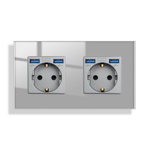 JIMEIDA Doppelsteckdose Glas mit USB in Grau Unterputz,2 Fach 16Amp Steckdosen mit 2 USB A max.2.1A,157 * 86mm,250V von JIMEIDA