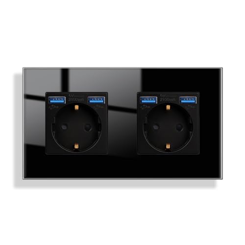 JIMEIDA Doppelsteckdose Glas mit USB in Schwarz Unterputz,2 Fach 16Amp Steckdosen mit 2 USB A max.2.1A,157 * 86mm,250V von JIMEIDA