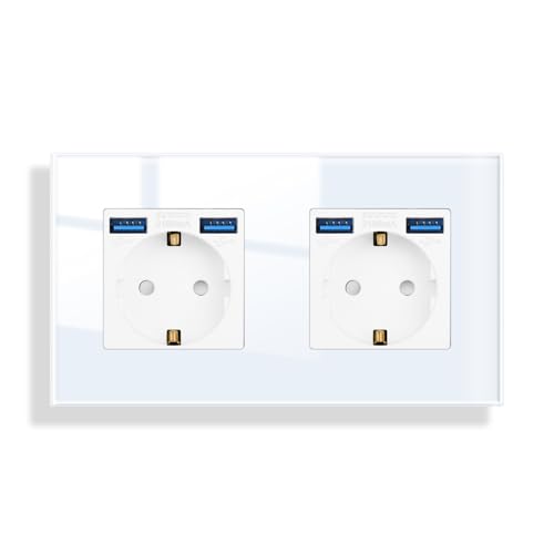 JIMEIDA Doppelsteckdose Glas mit USB in Weiß Unterputz,2 Fach 16Amp Steckdosen mit 2 USB A max.2.1A,157 * 86mm,250V von JIMEIDA