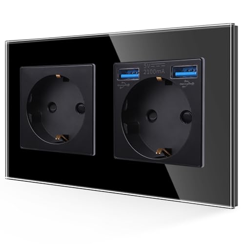 JIMEIDA Doppelsteckdose in Schwarz, 16Amp Glas Schuko Steckdosen mit Schnelles Laden USB Anschluss Max.2.1A, Unterputz Schutzkontakt Wandsteckdose- 157 * 86mm, 250V von JIMEIDA