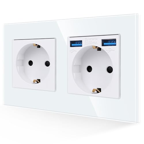 JIMEIDA Doppelsteckdose in Weiß, 16Amp Glas Schuko Steckdosen mit Schnelles Laden USB Anschluss Max.2.1A, Unterputz Schutzkontakt Wandsteckdose- 157 * 86mm, 250V von JIMEIDA