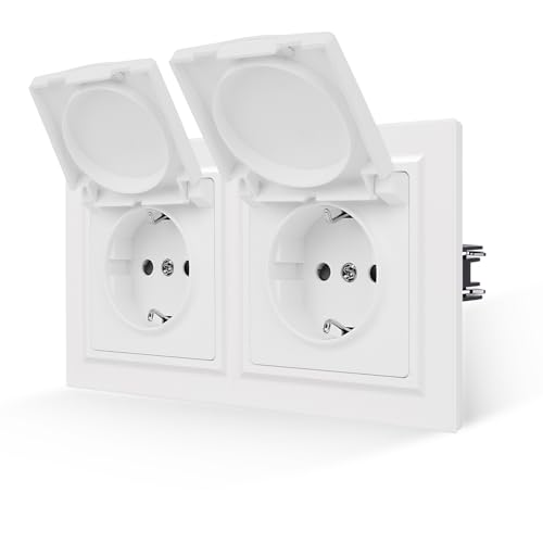 JIMEIDA Doppelsteckdose Weiß Matt mit Deckel Glattes Hautgefühl 2 Fach mit Steckklemme 16Amp Schuko Steckdose Wandsteckdose 155 * 84mm,250V(Kann nicht vertikal installiert werden) von JIMEIDA