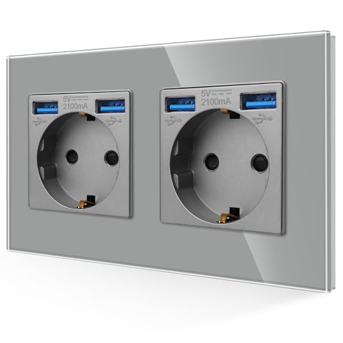 JIMEIDA Doppelsteckdose mit USB in Grau, 16Amp Glas Schuko Steckdosen mit Schnelles Laden USB Anschluss Max.2.1A, Unterputz Schutzkontakt Wandsteckdose-86mm, 250V, 2 Fach von JIMEIDA