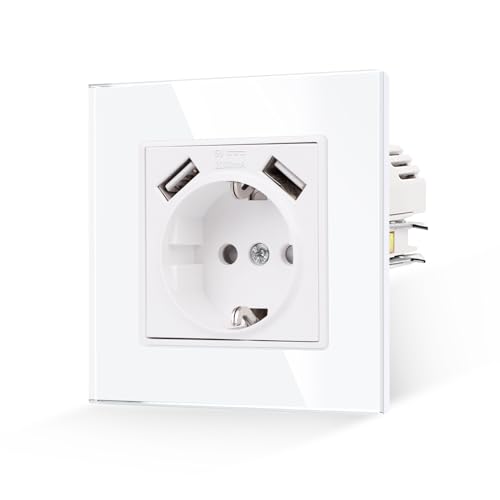 JIMEIDA Einzel Steckdose mit 2 USB Glas Weiß Mit Haken 16 Amp Standard Schuko Steckdose Gehärteter Glasscheibe Schutzkontakt Wandsteckdose 2.1A,86mm 250V von JIMEIDA
