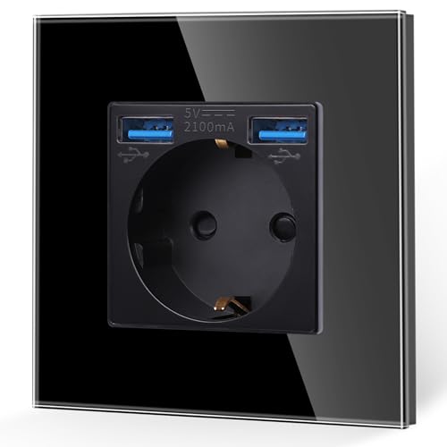 JIMEIDA Einzelsteckdose mit USB in Schwarz, 16Amp Glas Schuko Steckdosen mit Schnelles Laden USB Anschluss Max.2.1A, Unterputz Schutzkontakt Wandsteckdose-86mm, 250V, 1 Fach JIMEIDA Einzelsteckdose mit USB in Schwarz, 16Amp Glas Schuko Steckdosen mit Schnelles Laden USB Anschluss Max.2.1A, Unterputz Schutzkontakt Wandsteckdose-86mm, 250V, 1 Fach von JIMEIDA