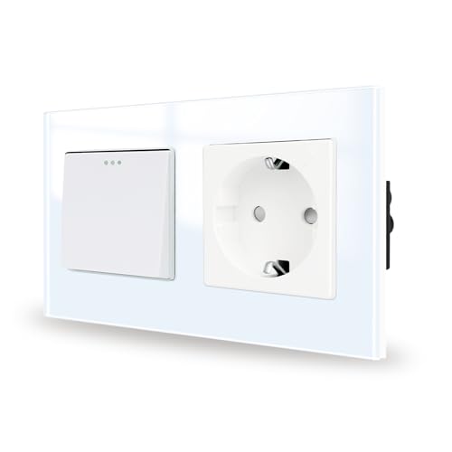 JIMEIDA Lichtschalter mit Steckdose Weiß Unterputz 1 Fach 1 Weg Glas Steckdose Taste Schalter Wandschalter Kristall Kippschalter 157 * 86MM,10 Amp,250 V von JIMEIDA
