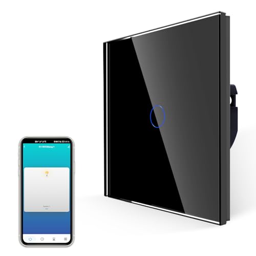 JIMEIDA Smart Touch Lichtschalter, Kein Neutralleiter Erforderlich, Alexa-Schalter Funktioniert mit Google Home, Schwarze Schraubenlose Glasplatte, 1 Gang von JIMEIDA