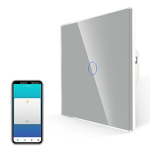 JIMEIDA Smart Touch Lichtschalter Grau, Kein Neutralleiter Erforderlich, Alexa-Schalter Funktioniert mit Google Home, Schraubenlose Glasplatte, 1 Gang von JIMEIDA