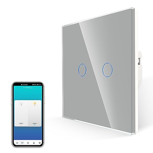 JIMEIDA Smart Touch Lichtschalter Grau, Kein Neutralleiter Erforderlich, Alexa-Schalter Funktioniert mit Google Home, Schraubenlose Glasplatte, 2 Gang von JIMEIDA