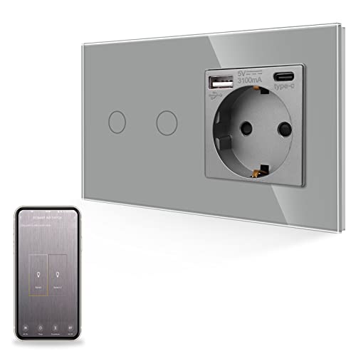 JIMEIDA Smart Wlan Touch Lichtschalter mit USB Steckdose in Grau, Glas Steckdose mit Schnelles Aufladen (Typ A und Typ C, 5V/3.1A), Brauche Nullleiter, Glasscheibe, 2 Gang Lichtschalter von JIMEIDA