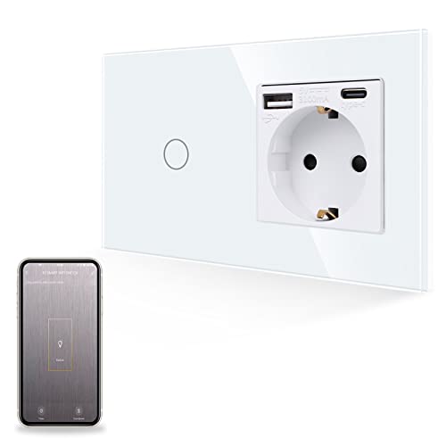 JIMEIDA Smart Wlan Touch Lichtschalter mit USB Steckdose in Weiß, Glas Steckdose mit Schnelles Aufladen (Typ A und Typ C, 5V/3.1A), Brauche Nullleiter, Glasscheibe, 1 Gang Lichtschalter von JIMEIDA