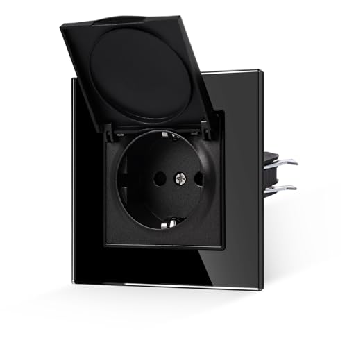 JIMEIDA Steckdose Glas Schwarz Mit Wasserdichter Abdeckung Mit Haken 16 Amp Schuko Steckdose Gehärteter Glasscheibe Wandsteckdose 86 * 86mm von JIMEIDA