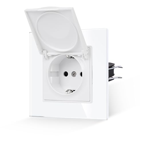 JIMEIDA Steckdose Glas Weiß Mit Wasserdichter Abdeckung Mit Haken 16 Amp Schuko Steckdose Gehärteter Glasscheibe Wandsteckdose 86 * 86mm von JIMEIDA