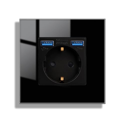 JIMEIDA Steckdose Glas mit USB in Schwarz Unterputz,1 Fach 16Amp Steckdosen mit 2 USB A max.2.1A,86 * 86mm,250V von JIMEIDA
