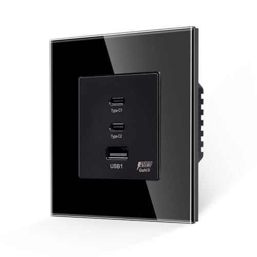 JIMEIDA Glas Steckdose Schwarz Glas 65W Schnellladung 2 Type-C und 1 USB-A Schnittstelle Unterputz Steckdose 86 * 86mm von JIMEIDA