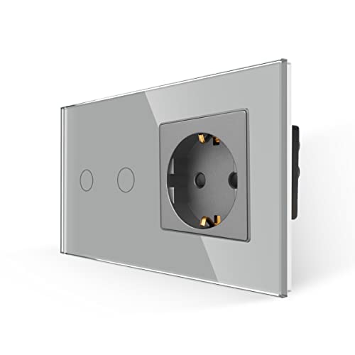 JIMEIDA Steckdose mit Lichtschalter Grau, Glas Touch Lichtschalter mit Schuko Steckdose Unterputz, 2-Fach 1-Poliger Wandschalter mit Status-LED, 500 W/Fach von JIMEIDA