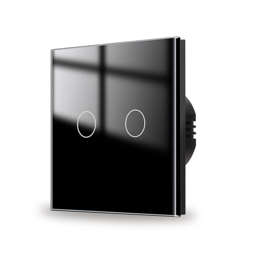 JIMEIDA Touch Lichtschalter 2 Fach 1 Weg mit Schwarz, Glas Panel und Status-LED Wandschalter,AC 240 V,500W,86mm,Kein Neutralleiter Erforderlich von JIMEIDA