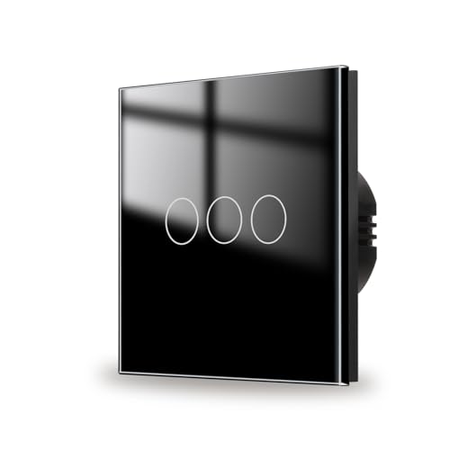JIMEIDA Touch Lichtschalter 3 Fach 1 Weg mit Schwarz, Glas Panel und Status-LED Wandschalter,AC 240 V,500W,86mm,Kein Neutralleiter Erforderlich von JIMEIDA