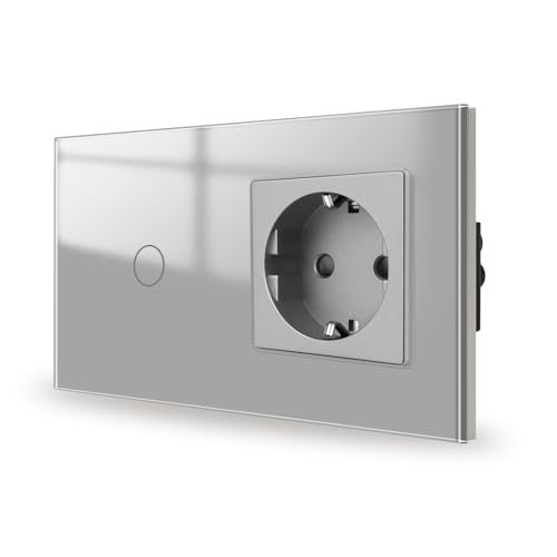 JIMEIDA Touch Lichtschalter mit Steckdose Grau 1 Fach 1 Weg,Glas Panel und Status-LED Wandschalter,Kein Neutralleiter Erforderlich,157 * 86mm von JIMEIDA