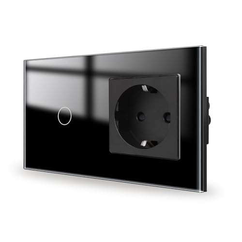 JIMEIDA Touch Lichtschalter mit Steckdose Schwarz 1 Fach 1 Weg,Glas Panel und Status-LED Wandschalter,Kein Neutralleiter Erforderlich,157 * 86mm von JIMEIDA