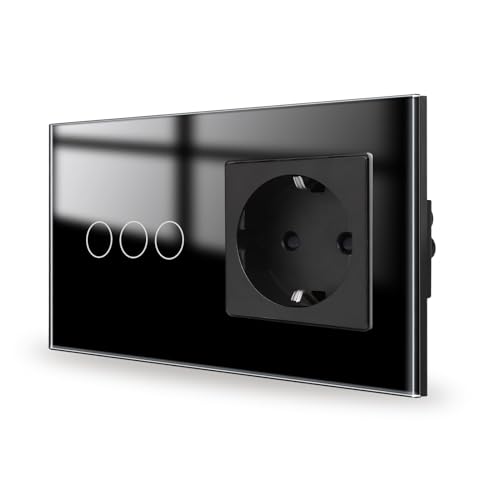 JIMEIDA Touch Lichtschalter mit Steckdose Schwarz 3 Fach 1 Weg,Glas Panel und Status-LED Wandschalter,Kein Neutralleiter Erforderlich,157 * 86mm von JIMEIDA