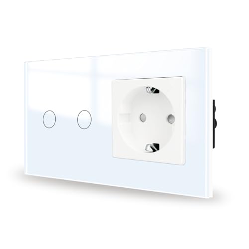 JIMEIDA Touch Lichtschalter mit Steckdose weiß 2 Fach 1 Weg,Glas Panel und Status-LED Wandschalter,Kein Neutralleiter Erforderlich,157 * 86mm von JIMEIDA