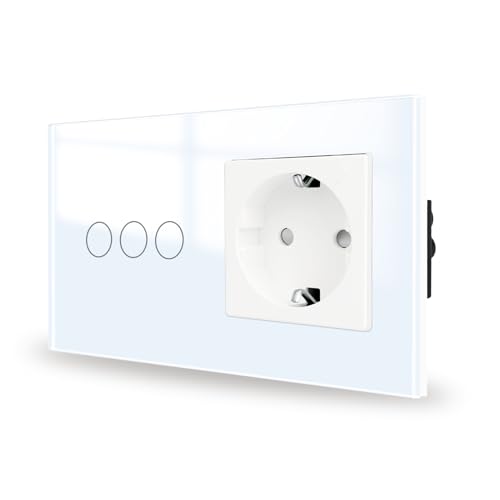 JIMEIDA Touch Lichtschalter mit Steckdose weiß 3 Fach 1 Weg,Glas Panel und Status-LED Wandschalter,Kein Neutralleiter Erforderlich,157 * 86mm von JIMEIDA