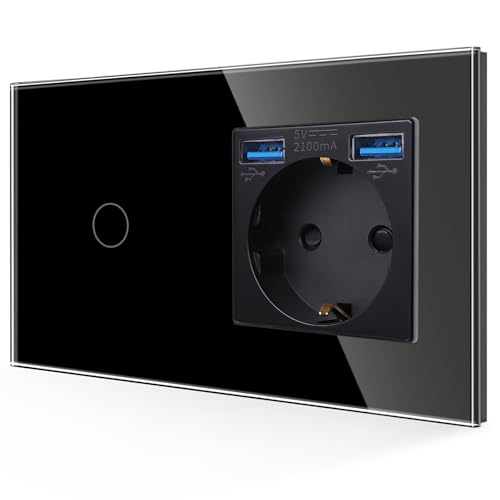 JIMEIDA USB Steckdose mit Lichtschalter in Schwarz, 16A Glas 3-in-1 Schuko Steckdose Unterputz mit 2 USB Ladegerät (2.1A), 1-Fach 1-Poliger Touch Wandschalter mit Status-LED,86mm * 157mm von JIMEIDA