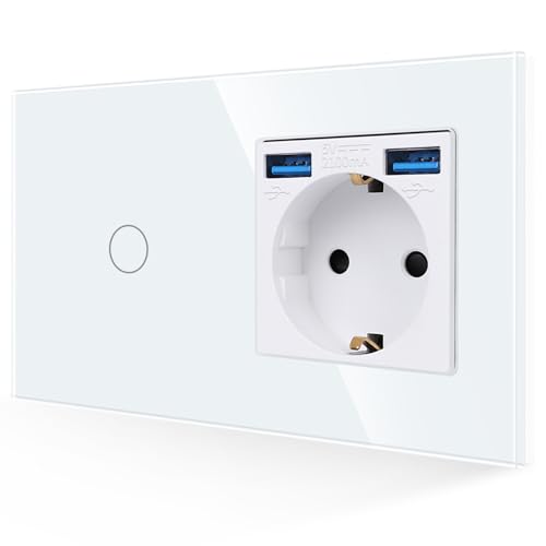 JIMEIDA USB Steckdose mit Lichtschalter in Weiß, 16A Glas 3-in-1 Schuko Steckdose Unterputz mit 2 USB Ladegerät (2.1A), 1-Fach 1-Poliger Touch Wandschalter mit Status-LED,86mm * 157mm von JIMEIDA