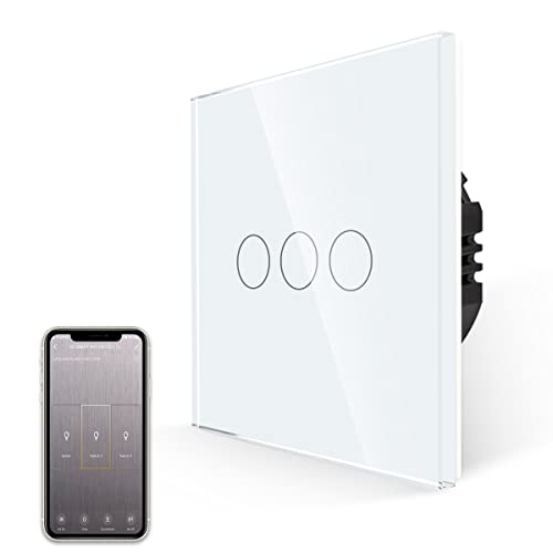JIMEIDA Wlan Touch Lichtschalter in weiß, Einbauschalter mit Glas Panel, 600W Smart Lichtschalter für Alexa, Google Home, 3- poliger Ausschalter mit Status-LED, Neutralleiter Erforderlich von JIMEIDA