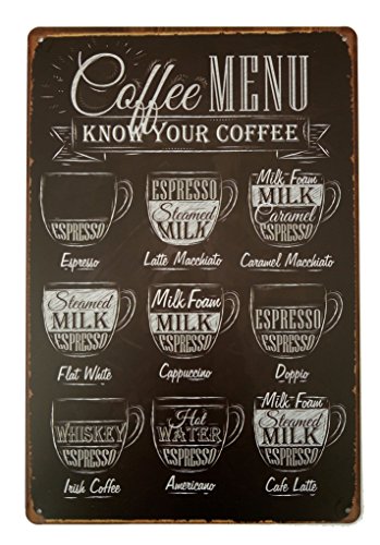 JIMOWANG Coffee Menu Know Your Coffee Vintage Metal Signs for Cafes Bars Pubs Shop Wall Decorative Funny Retro Signs 8x12 Inch JIMOWANG Coffee Menu Know Your Coffee Vintage Metal Signs for Cafes Bars Pubs Shop Wall Decorative Funny Retro Signs 8x12 Inch von JIMOWANG
